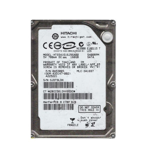 0a53005-o_ox30gvm9vupibm59__27559.1696345996.jpg 0A53005 | HITACHI | TRAVELSTAR 5K160 SERIES 80GB 5400RPM SATA 1.5GB/S 8MB CACHE 7-PIN 2.5-INCH HARD DRIVE - Image 1