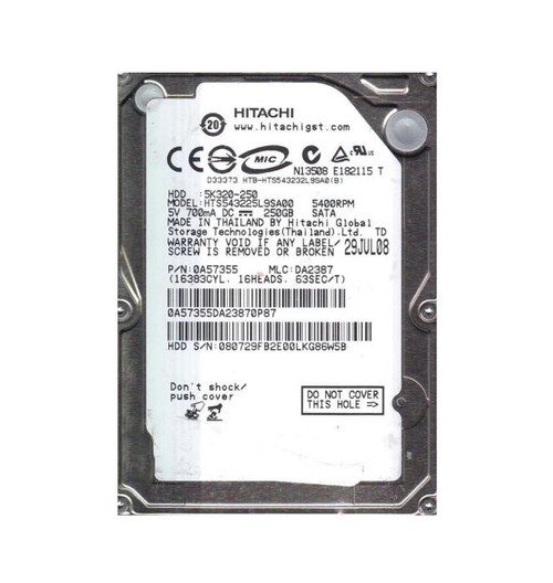 0a57355-o_tjr4ghqlvcxjktis__79580.1696345817.jpg 0A57355 | HITACHI | TRAVELSTAR 5K320 SERIES 250GB 5400RPM SATA 1.5GB/S 8MB CACHE (512) 2.5-INCH HARD DRIVE - Image 1