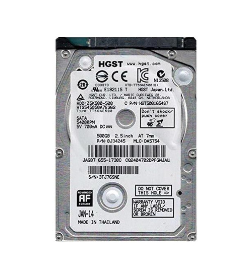 0j34245-o_kfsnvchjcg1iqpaw__77294.1696345924.jpg 0J34245 | HGST | TRAVELSTAR Z5K500 SERIES 500GB 5400RPM SATA 3GB/S 16MB CACHE 2.5-INCH HARD DRIVE - Image 1