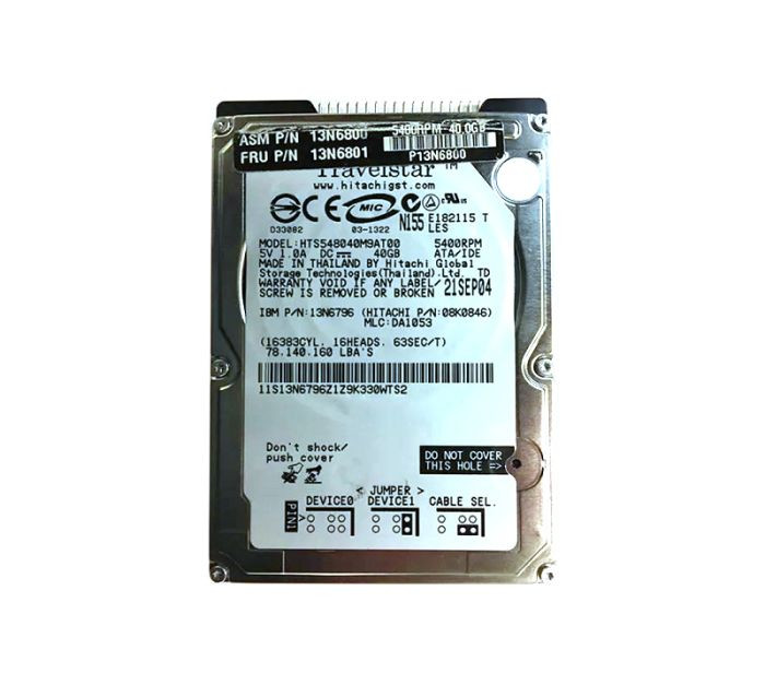 13n6796_wskwhlkhj9ws8j7i__82830.1696345189.jpg 13N6796 | IBM | LENOVO TRAVELSTAR 5K80 40GB 5400RPM ATA-100 8MB CACHE 2.5-INCH HARD DISK DRIVE FOR THINKPAD - Image 1