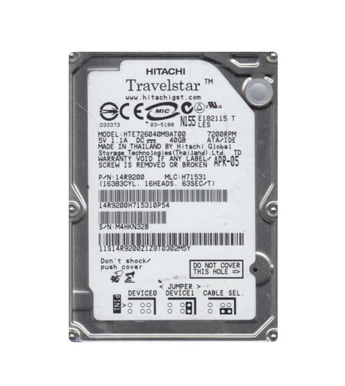 14r9200-o_mczdzbrozfc4n6ru__49842.1696345982.jpg 14R9200 | HITACHI | TRAVELSTAR E7K60 SERIES 40GB 7200RPM IDE ULTRA ATA/100 (ATA-6) 8MB CACHE 2.5-INCH HARD DRIVE - Image 1