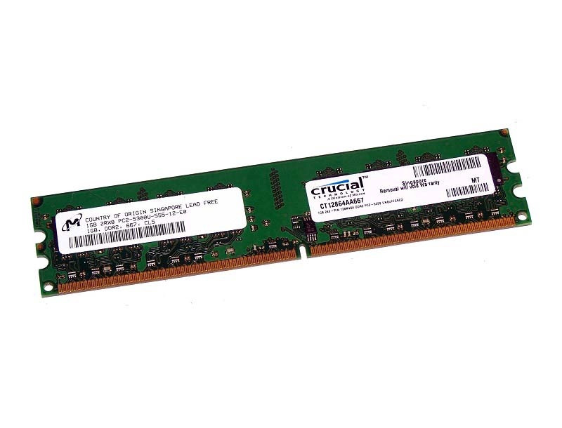 CT12864AA667.16FF__56185.1707321299-1.jpg CT12864AA667.16FF | Crucial Technology | Crucial 1GB DDR2-667MHz PC2-5300 non-ECC Unbuffered CL5 240-Pin DIMM 1.8V Memory Module - Image 1