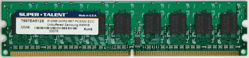T667EA512S-lg__12865.1676397971__59604.1696279685.jpg T667EA512S | Super Talent | 512MB PC2-5300 DDR2-667MHz ECC Unbuffered CL5 240-Pin DIMM Single Rank Memory Module - Image 1