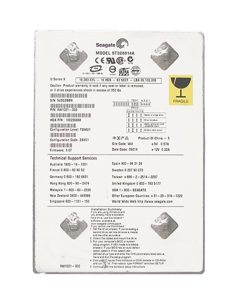 be64499970fa07a9232725ec015f78d2__14817.1698708554.jpg ST320014A13 | Seagate | U Series 20Gb 5400Rpm Ata-100 2Mb Cache 3.5-Inch Internal Hard Drive - Image 1