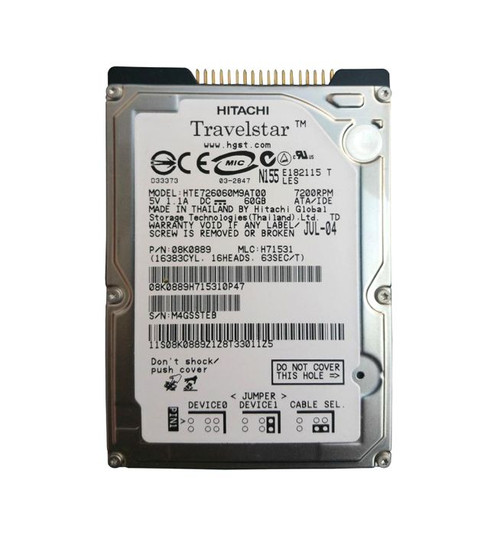 hte726060m9at00-o_b1mdmyadgtztifyu__00305.1696345998.jpg HTE726060M9AT00 | HITACHI | TRAVELSTAR E7K60 SERIES 60GB 7200RPM IDE ULTRA ATA/100 (ATA-6) 8MB CACHE 2.5-INCH HARD DRIVE - Image 1