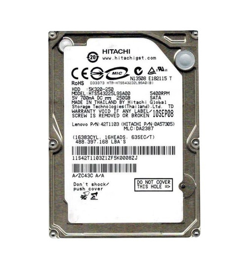 hts543225l9sa00-o_3k3awawxejwzahtn__84201.1696346033.jpg HTS543225L9SA00 | HITACHI | TRAVELSTAR 5K320 SERIES 250GB 5400RPM SATA 1.5GB/S 8MB CACHE (512) 2.5-INCH HARD DRIVE - Image 1