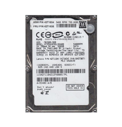 hts543232l9sa00-o_muyrp98ti1cwrhlm__97982.1696345996.jpg HTS543232L9SA00 | HITACHI | TRAVELSTAR 5K320 SERIES 320GB 5400RPM SATA 1.5GB/S 8MB CACHE (512) 2.5-INCH HARD DRIVE - Image 1