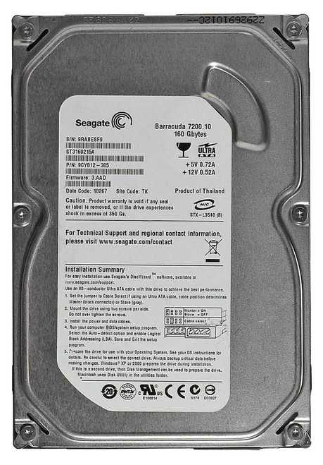 st3160215a__84510.1694783890.jpg ST3160215A | Seagate | BarraCuda 160GB 7200RPM EIDE Ultra DMA ATA-100 2MB Cache 3.5-inch Hard Drive - Image 1